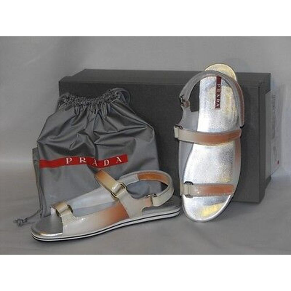 NIB PRADA PATENT OMBRE LEATHER FLATS TWO TONES GLADIATOR LOGO SANDALS 38.5